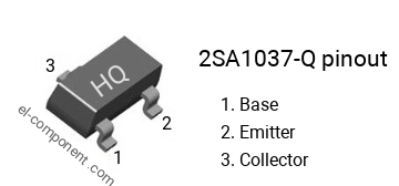 Pinout of the 2SA1037-Q smd sot-23 transistor, smd marking code HQ