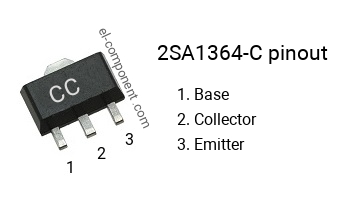 Pinout of the 2SA1364-C smd sot-89 transistor, smd marking code CC