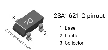 Pinout of the 2SA1621-O smd sot-23 transistor, smd marking code 7O