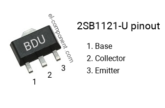 Pinout of the 2SB1121-U smd sot-89 transistor, smd marking code BDU