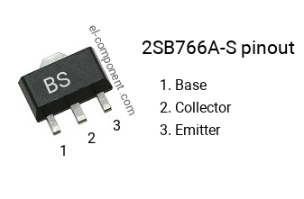 Pinout of the 2SB766A-S smd sot-89 transistor, smd marking code BS