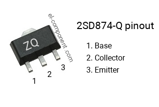 Pinout of the 2SD874-Q smd sot-89 transistor, smd marking code ZQ