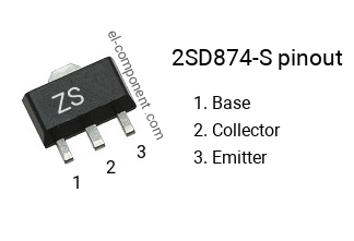 Pinout of the 2SD874-S smd sot-89 transistor, smd marking code ZS