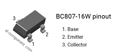 Pinout of the BC807-16W smd sot-323 transistor