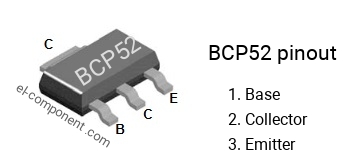Pinout of the BCP52 smd sot-223 transistor, smd marking code BCP52