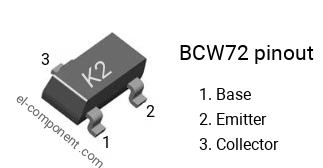Pinout of the BCW72 smd sot-23 transistor, smd marking code K2