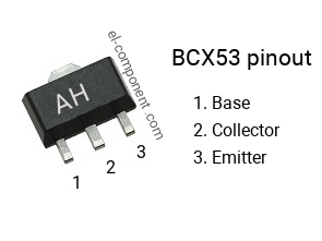 Pinout of the BCX53 smd sot-89 transistor, smd marking code AH