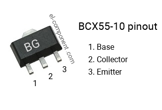 Pinout of the BCX55-10 smd sot-89 transistor, smd marking code BG