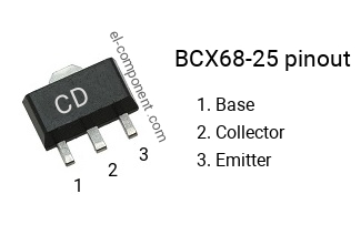 Pinout of the BCX68-25 smd sot-89 transistor, smd marking code CD