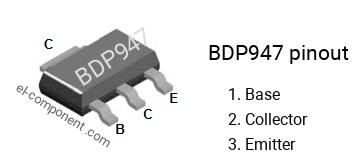 Pinout of the BDP947 smd sot-223 transistor, smd marking code BDP947