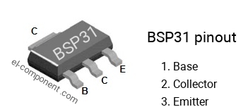 Pinout of the BSP31 smd sot-223 transistor, smd marking code BSP31