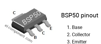 Diagrama de pines del BSP50 smd sot-223 , smd marking code BSP50