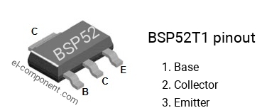 Pinout of the BSP52T1 smd sot-223 transistor, smd marking code BSP52