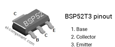 Pinout of the BSP52T3 smd sot-223 transistor, smd marking code BSP52