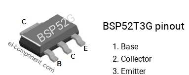 Pinout of the BSP52T3G smd sot-223 transistor, smd marking code BSP52G
