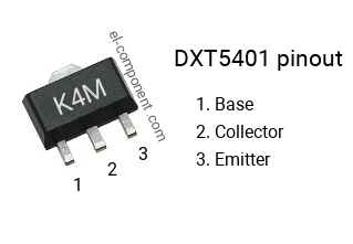 Pinout of the DXT5401 smd sot-89 transistor, smd marking code K4M