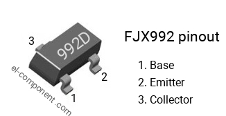 Pinout of the FJX992 smd sot-323 transistor, smd marking code 992D