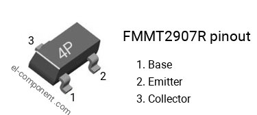 Pinout of the FMMT2907R smd sot-23 transistor, smd marking code 4P