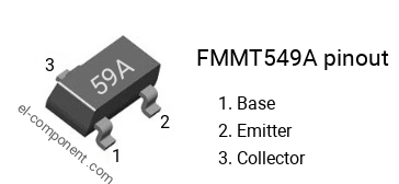 Pinout of the FMMT549A smd sot-23 transistor, smd marking code 59A