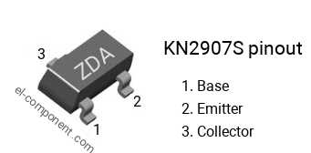 Pinout of the KN2907S smd sot-23 transistor, smd marking code ZDA