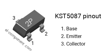 Pinout of the KST5087 smd sot-23 transistor, smd marking code 2P
