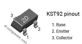 Pinout of the KST92 smd sot-23 transistor, smd marking code 2D