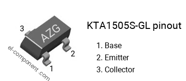 Pinout of the KTA1505S-GL smd sot-23 transistor, smd marking code AZG