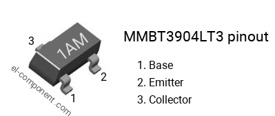 Pinout of the MMBT3904LT3 smd sot-23 transistor, smd marking code 1AM