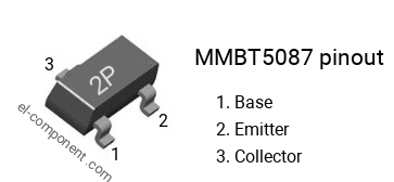 Pinout of the MMBT5087 smd sot-23 transistor, smd marking code 2P