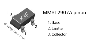 Pinout of the MMST2907A smd sot-323 transistor, smd marking code K3F