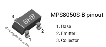 Pinout of the MPS8050S-B smd sot-23 transistor, smd marking code BHB