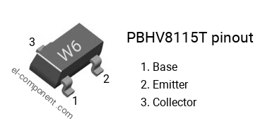 Pinout of the PBHV8115T smd sot-23 transistor, smd marking code W6