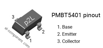 Pinout of the PMBT5401 smd sot-23 transistor, smd marking code p2L