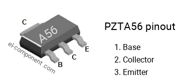 Pinout of the PZTA56 smd sot-223 transistor, smd marking code A56