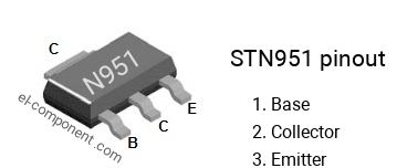 Pinout of the STN951 smd sot-223 transistor, smd marking code N951